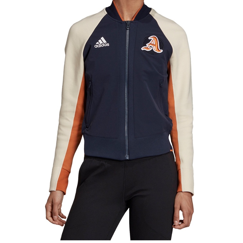 Adidas Cream and Blue Varsity Bomber Jacket with Athletic Design